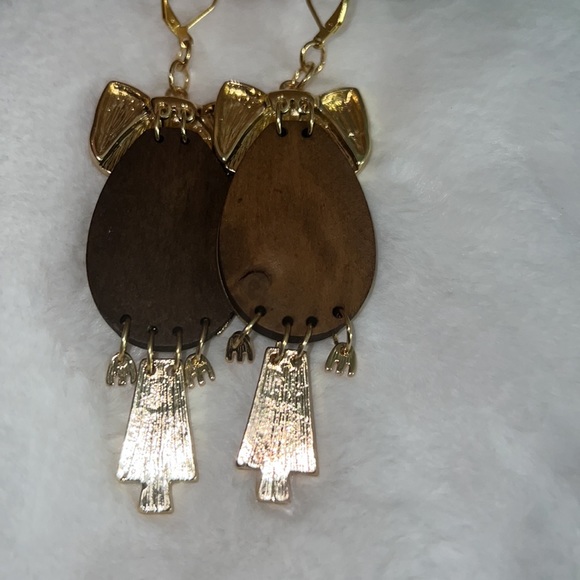 Owl wooden gold and teal handmade earrings, 18k gold plated leverback earrings - Picture 8 of 9